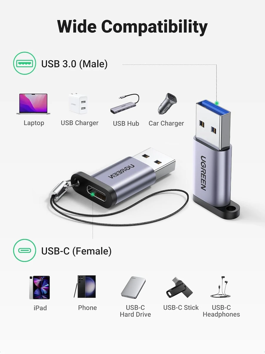 UGREEN USB-C Male to USB-A 3.0 Female Adapter with Lanyard (Space Gray) thumbnail 4