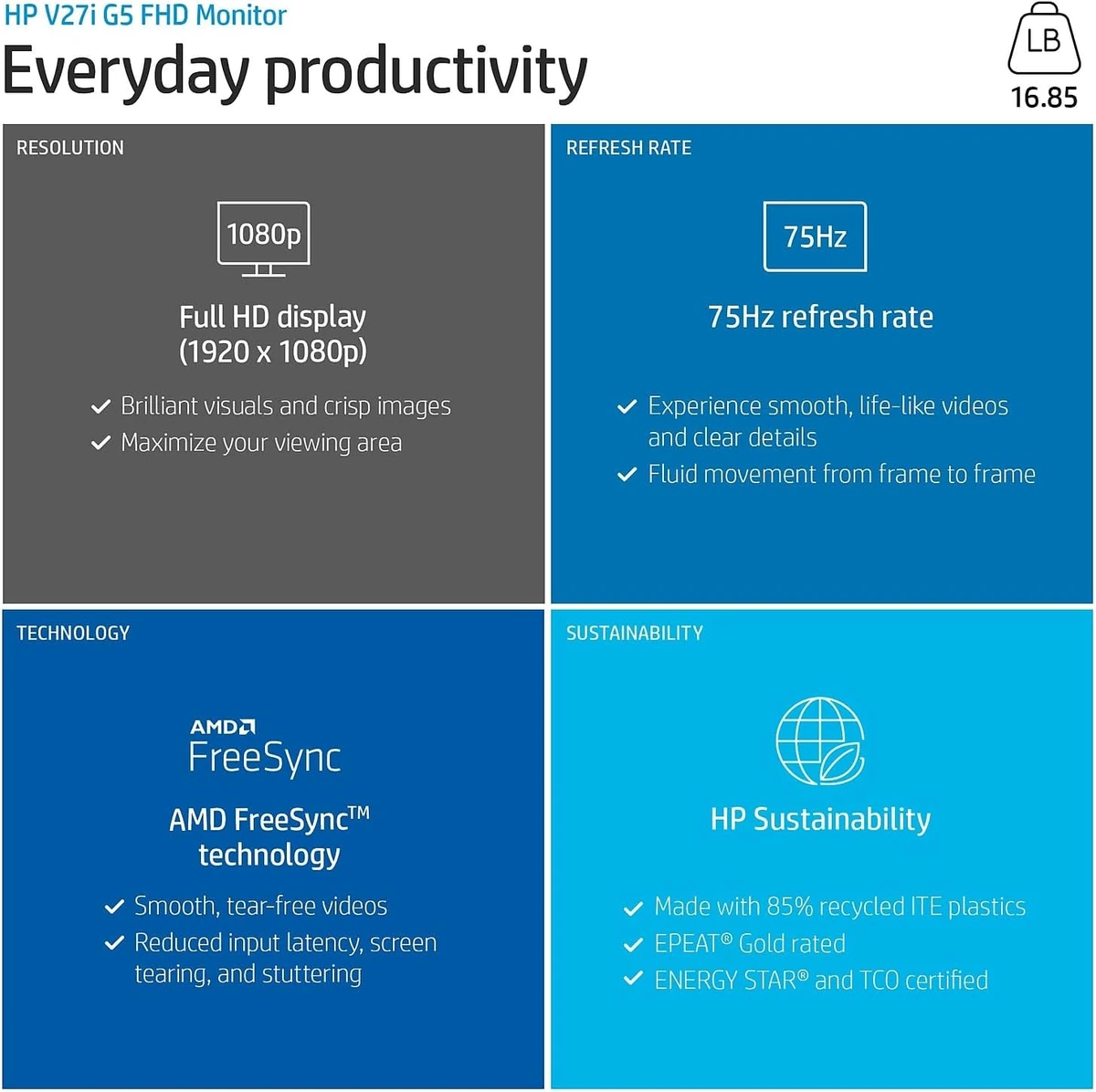 HP V27i G5 27" FHD Monitor, Black Color Connectivity: 1 VGA, 1 HDMI 1.4, 1 DisplayPort 1.2