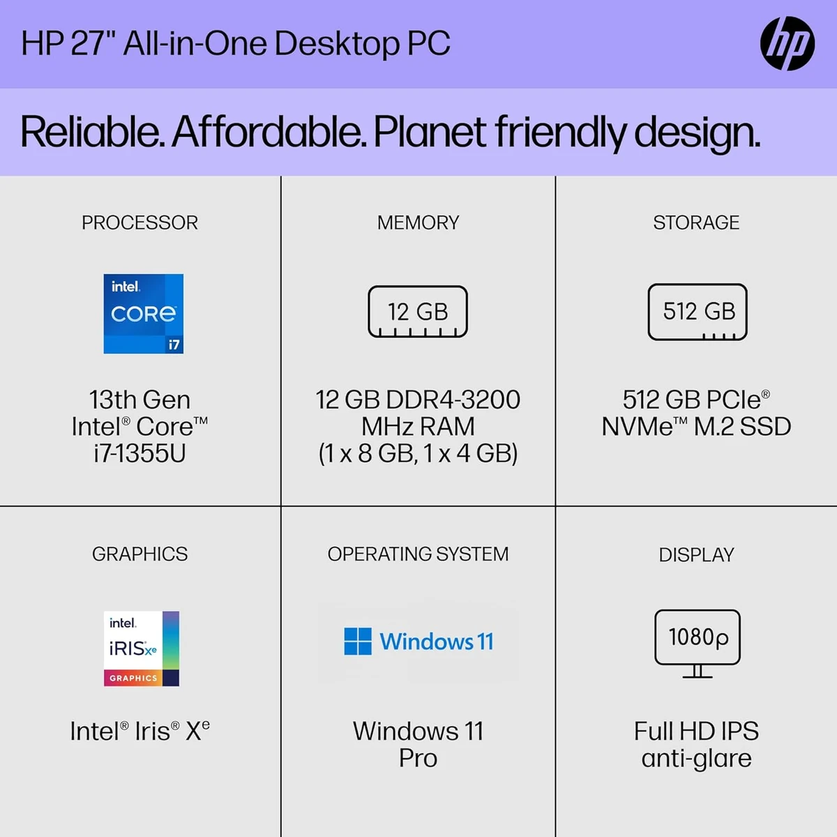 HP All-in-One 27-cr0155nh PC, Intel Core i7 1355U, 8GB DDR4 3200, 512GB PCIe NVMe M.2 SSD, FreeDOS, 27" FHD Touch Screen, No ODD, Realtek Wi-Fi 6 (1x1) and Bluetooth 5.3 wireless card (supporting gigabit data rate), HP True Vision 720p HD tilt privacy camera with temporal noise reduction and integra