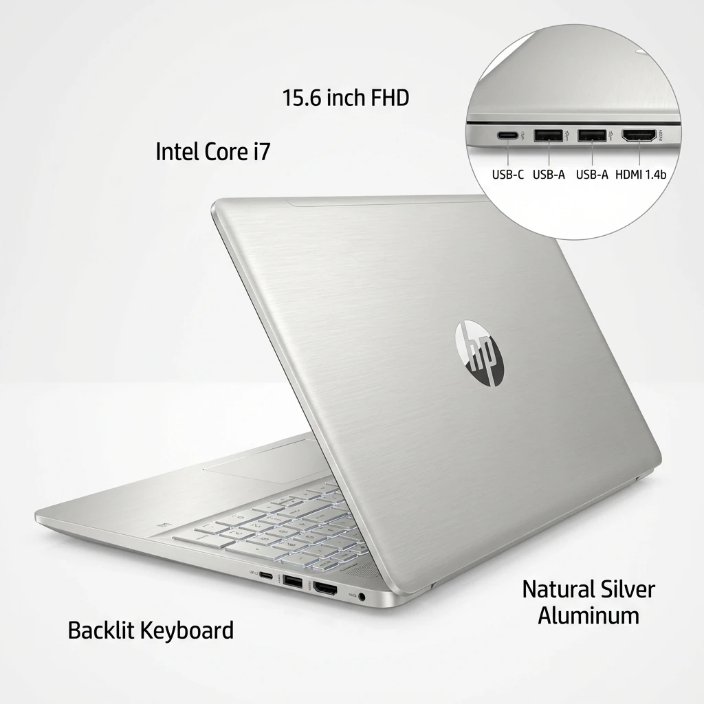 HP 15-fd0558nia, Intel Core i7 1355U, 8GB DDR4 3200, 512GB PCIe NVMe M.2 SSD, FreeDOS, 15.6" FHD, No ODD, Realtek Wi-Fi 6 (2x2) and Bluetooth 5.3 wireless card (supporting gigabit data rate) Modern Standby (Connected), HP True Vision 720p HD camera with temporal noise reduction and integrated dual a