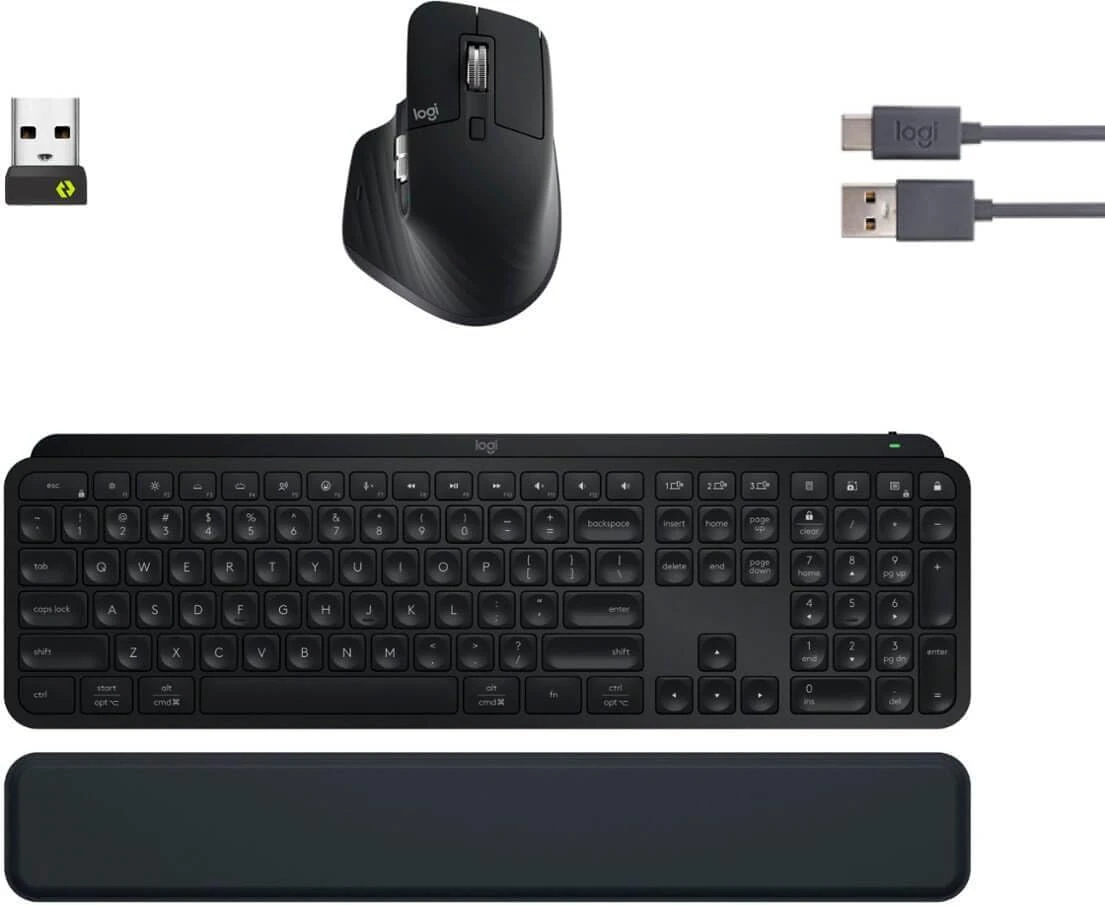 Logitech MX Keys S Wireless and Bluetooth Keyboard + Palmrest and Mouse Rechargeable Combo