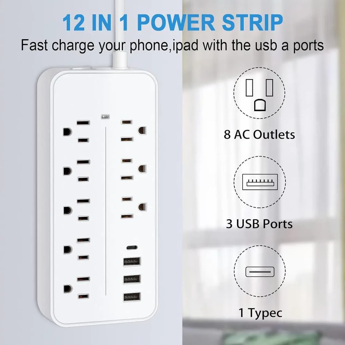 UGREEN Surge Protector Power Strip (6 AC Outlets + 65W 2A2C) UK White 2m thumbnail 4