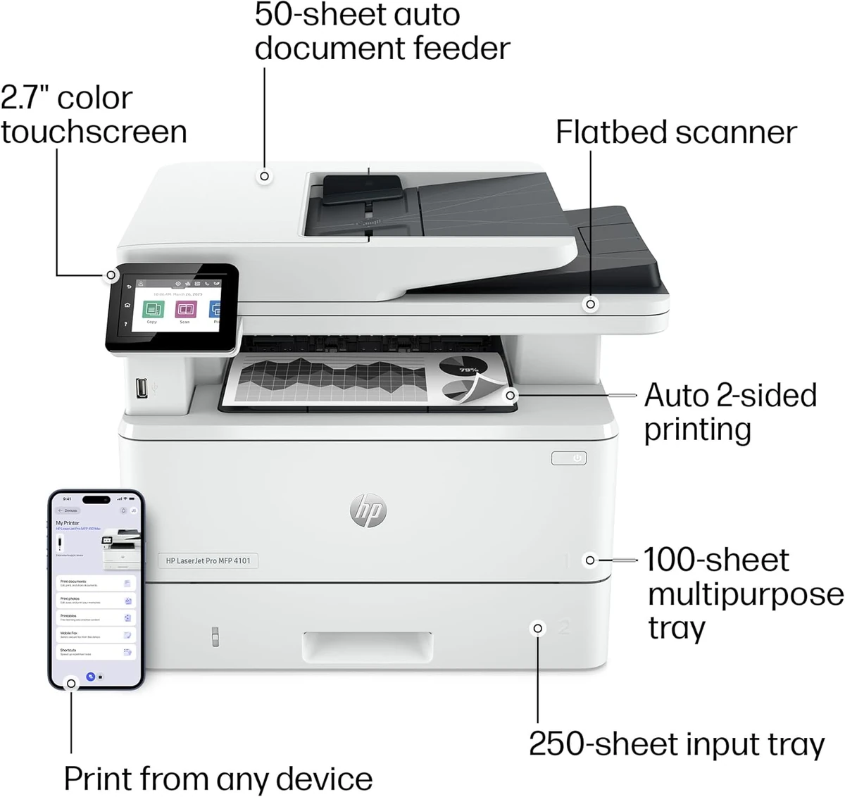 HP LaserJet Pro MFP 4103fdw Printer, Print, Copy, Scan and Fax thumbnail 3