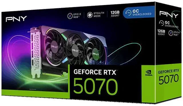 PNY GeForce RTX 5070 ARGB EPIC-X RGB OC Triple Fan 12GB GDDR7 Graphics Card, Display Outputs: 3 x DisplayPort 2.1b, 1 x HDMI 2.1b, Recommended Power Supply: 650W, Power Input: 16-Pin thumbnail 3