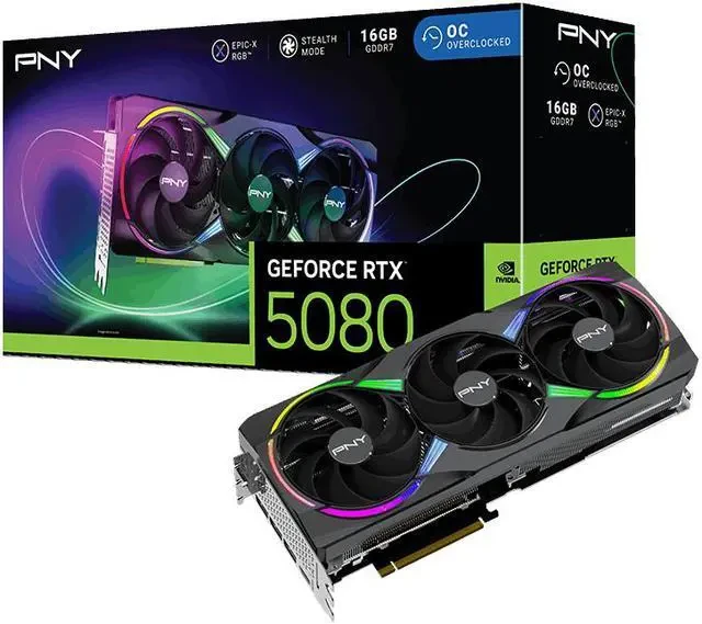 PNY GeForce RTX 5080 ARGB EPIC-X RGB OC Triple Fan 16GB GDDR7 Graphics Card, Display Outputs: 3 x DisplayPort 2.1b, 1 x HDMI 2.1b, Recommended Power Supply: 850W, Power Input: 16-Pin